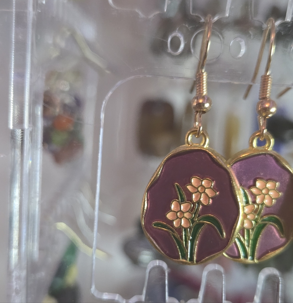 Floral Purple and Gold Earrings